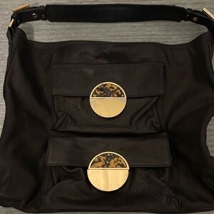 Tory Burch Black Leather Shoulder Bag with Gold and Tortoiseshell Accents